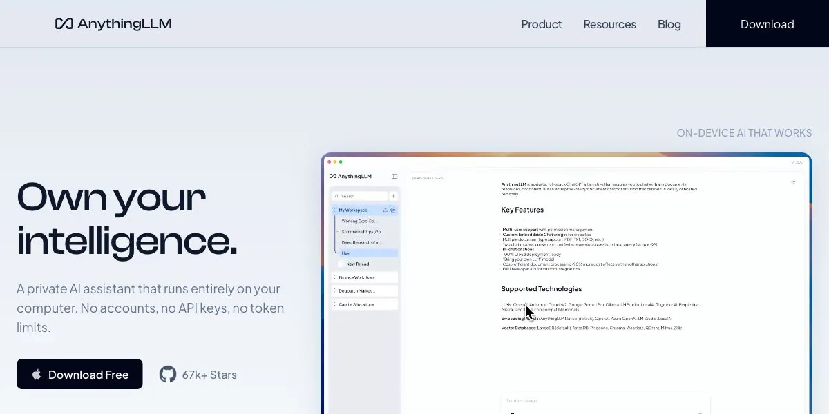 AnythingLLM Desktopの公式サイトのトップページ