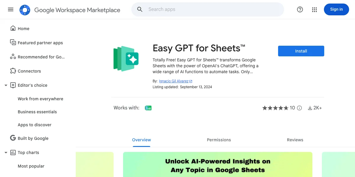 Easy GPT for Sheetsの公式配布ページ