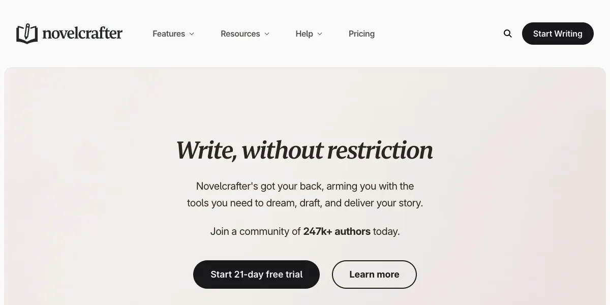 Novelcrafterの公式サイトのトップページ