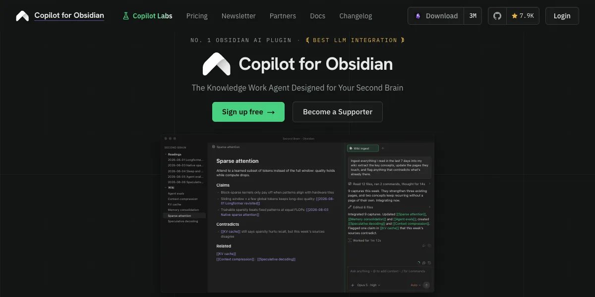 Copilot for Obsidianの公式サイトのトップページ